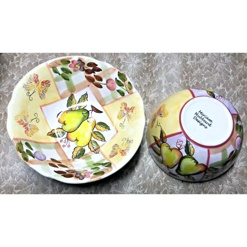set of 2 Botanical Pattern Soup & Salad Bowls Miriam Designs chunky handpainted